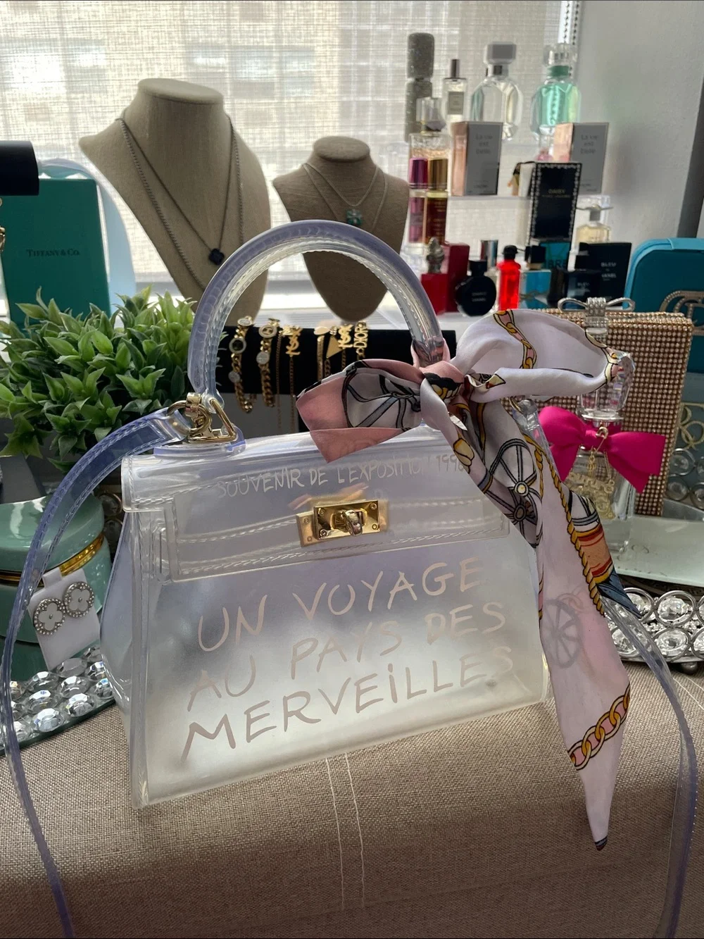 ✨Vintage Clear Satin-Look Handbag with Pink Scarf Accent✨Preloved